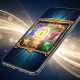 A premium mobile phone displaying a vibrant online casino game interface with dynamic slot reels and a prominent secure padlock icon, symbolizing safe and trusted mobile gaming for Malaysian players.