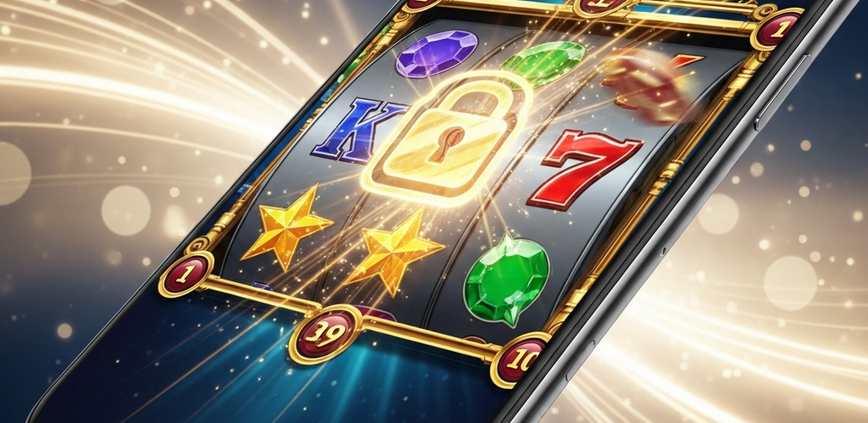 A premium mobile phone displaying a vibrant online casino game interface with dynamic slot reels and a prominent secure padlock icon, symbolizing safe and trusted mobile gaming for Malaysian players.