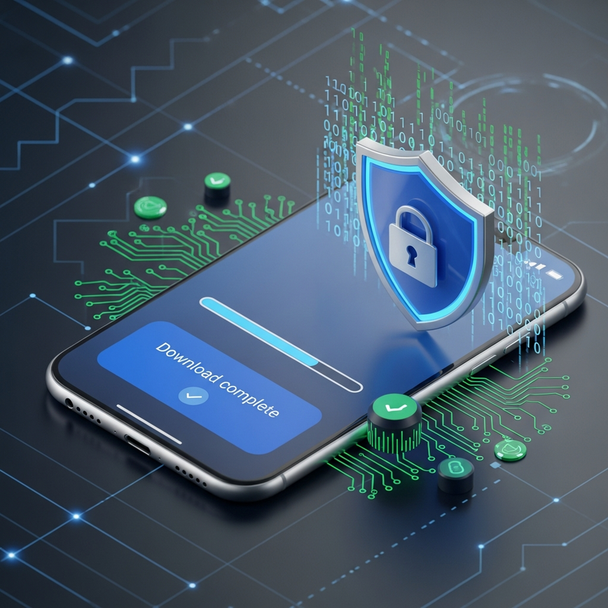Menggambarkan konsep pemasangan aplikasi mudah alih yang selamat dan perlindungan data, relevan dengan bahagian pemasangan APK dan keselamatan artikel.