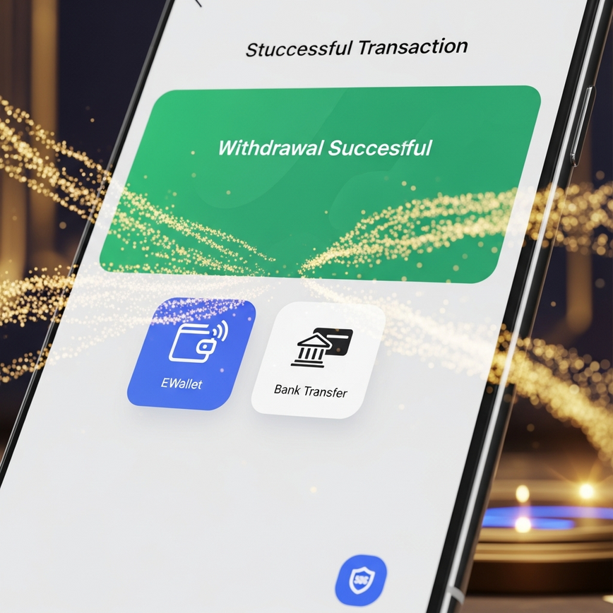 Menggambarkan proses pengeluaran wang yang pantas dan selamat dari platform kasino mudah alih, menekankan kelajuan dan kemudahan untuk pemain.