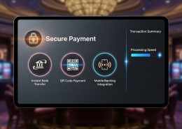 Modern online casino payment interface displaying options for instant bank transfer, QR code, and mobile banking, highlighting speed and security for Malaysian players.