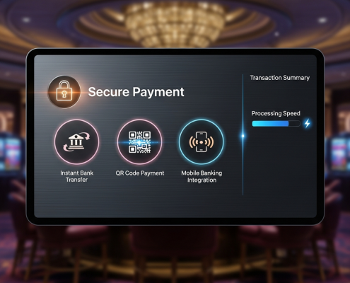 Modern online casino payment interface displaying options for instant bank transfer, QR code, and mobile banking, highlighting speed and security for Malaysian players.
