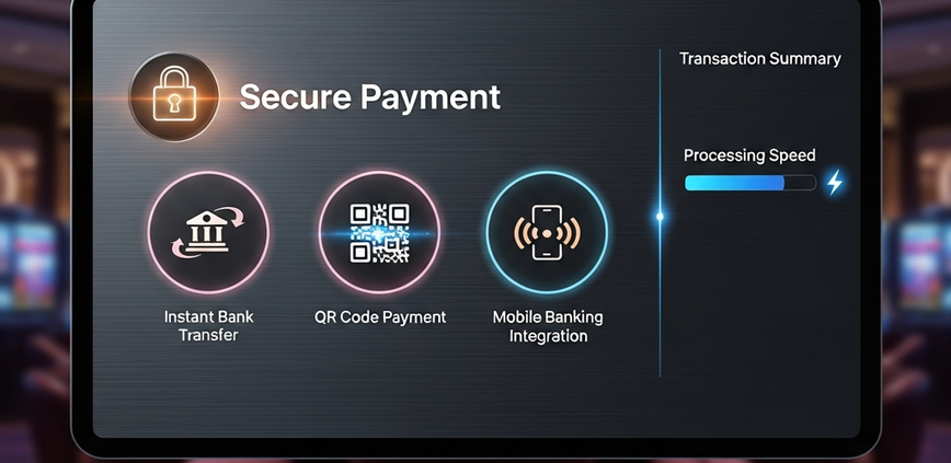 Modern online casino payment interface displaying options for instant bank transfer, QR code, and mobile banking, highlighting speed and security for Malaysian players.