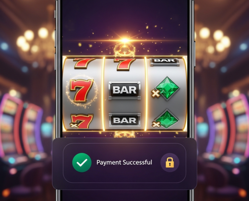 Vibrant online slot machine interface on a smartphone screen, with a 'Payment Successful' overlay from a secure e-wallet deposit, set against a luxurious digital casino background, symbolizing fast and secure ShopeePay deposits.