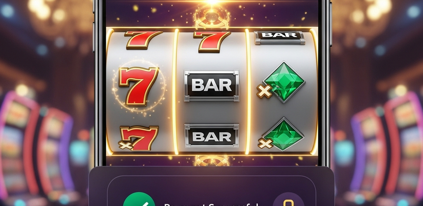 Vibrant online slot machine interface on a smartphone screen, with a 'Payment Successful' overlay from a secure e-wallet deposit, set against a luxurious digital casino background, symbolizing fast and secure ShopeePay deposits.