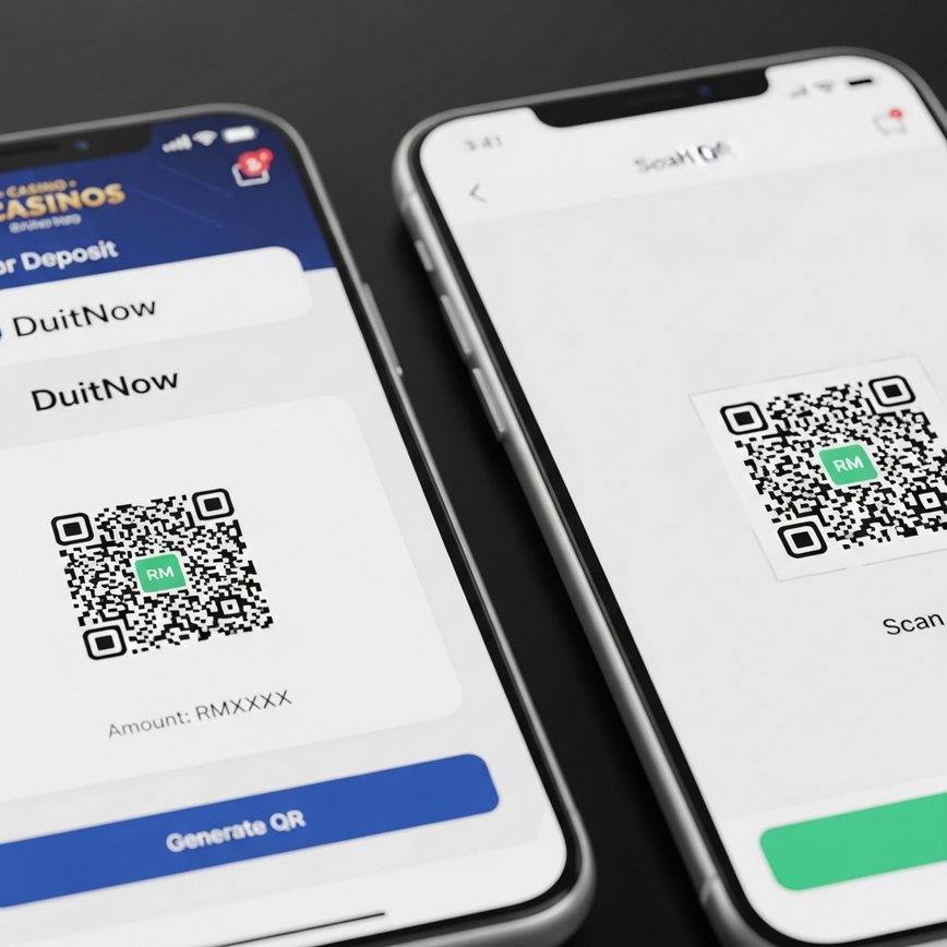 Menggambarkan proses langkah demi langkah menggunakan kod QR DuitNow dari platform kasino dalam talian untuk melengkapkan deposit ShopeePay melalui imbasan mudah alih.