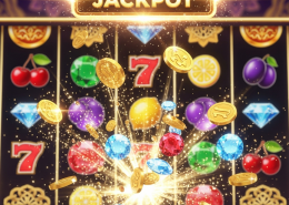 Vibrant online slot machine interface with winning symbols, a glowing 'JACKPOT' display, and a high RTP indicator, set against a luxurious casino background, representing Pragmatic Play slots for Malaysian players.