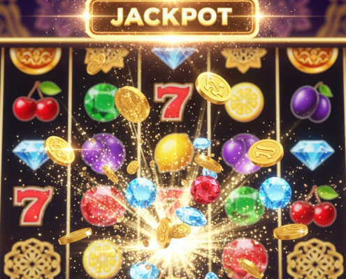 Vibrant online slot machine interface with winning symbols, a glowing 'JACKPOT' display, and a high RTP indicator, set against a luxurious casino background, representing Pragmatic Play slots for Malaysian players.
