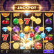 Vibrant online slot machine interface with winning symbols, a glowing 'JACKPOT' display, and a high RTP indicator, set against a luxurious casino background, representing Pragmatic Play slots for Malaysian players.
