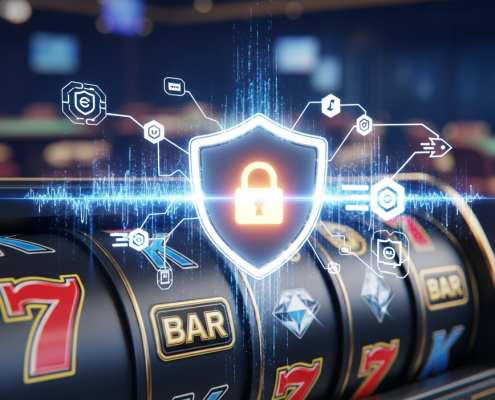 Dynamic online slot machine interface with a digital shield and padlock icon, representing secure and fast gaming in Malaysia.