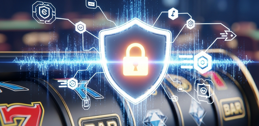 Dynamic online slot machine interface with a digital shield and padlock icon, representing secure and fast gaming in Malaysia.