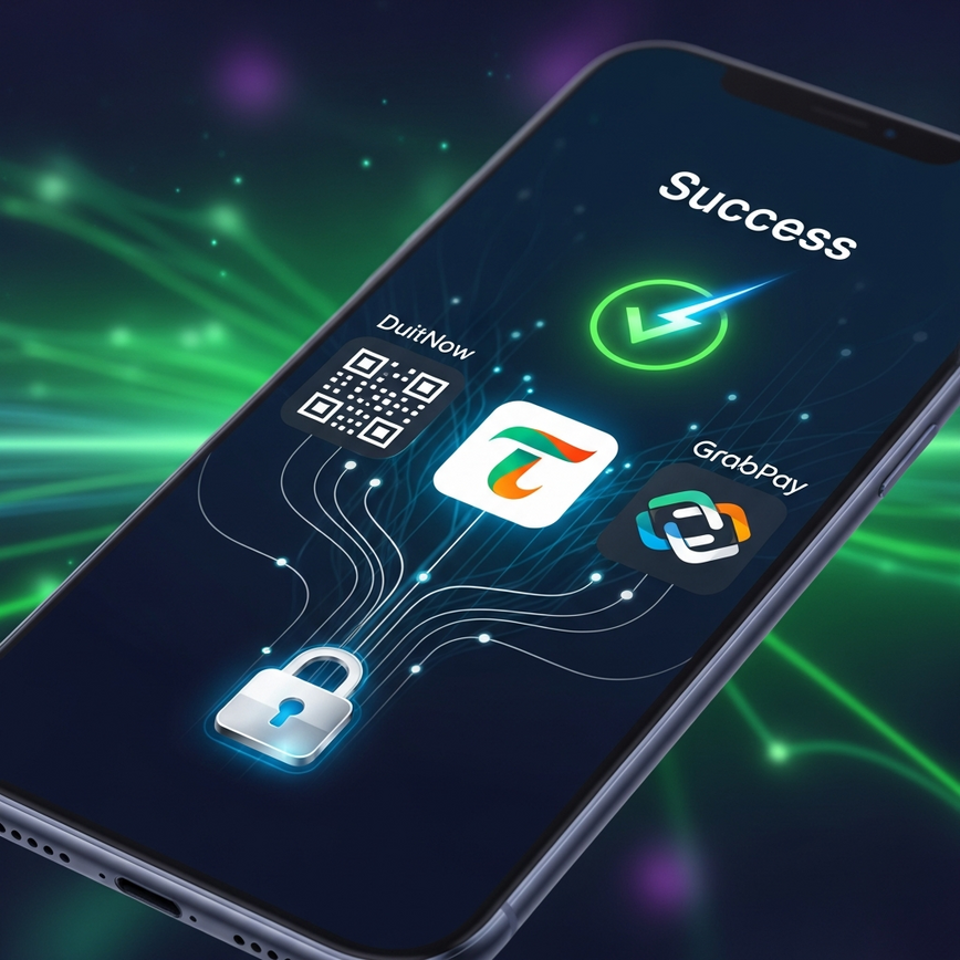Menggambarkan pemprosesan pembayaran mudah alih yang selamat, sepantas kilat, dan tanpa nama untuk deposit/pengeluaran kasino online, menampilkan ikon e-wallet Malaysia.
