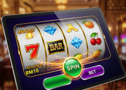 Vibrant online slot machine interface on a tablet, showing spinning reels with generic winning symbols and a subtle 'RM10' indicator, set against a luxurious, modern online casino lobby background, representing accessible Malaysian slot gaming.