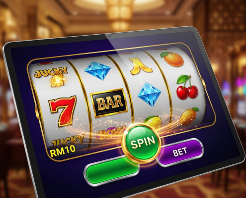 Vibrant online slot machine interface on a tablet, showing spinning reels with generic winning symbols and a subtle 'RM10' indicator, set against a luxurious, modern online casino lobby background, representing accessible Malaysian slot gaming.