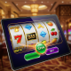 Vibrant online slot machine interface on a tablet, showing spinning reels with generic winning symbols and a subtle 'RM10' indicator, set against a luxurious, modern online casino lobby background, representing accessible Malaysian slot gaming.