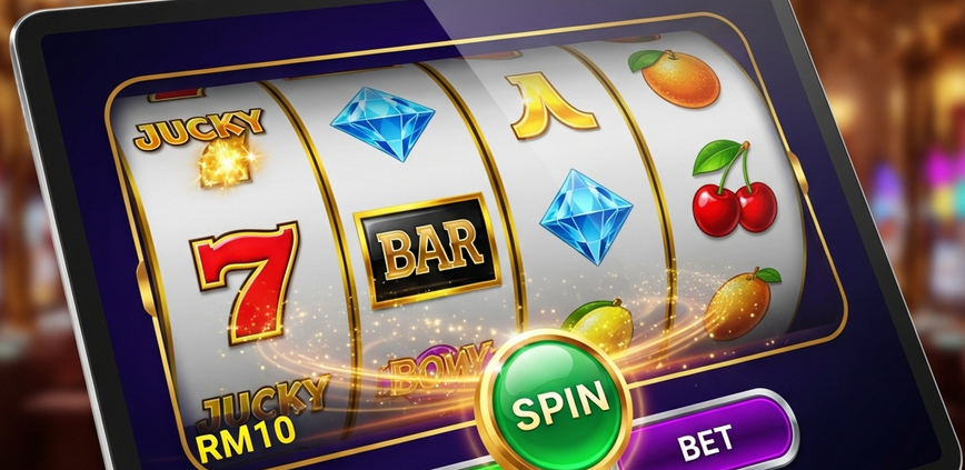 Vibrant online slot machine interface on a tablet, showing spinning reels with generic winning symbols and a subtle 'RM10' indicator, set against a luxurious, modern online casino lobby background, representing accessible Malaysian slot gaming.