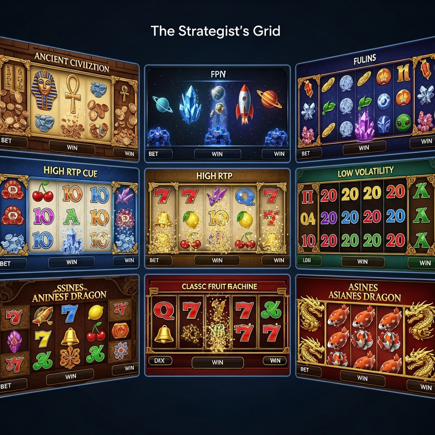 Menggambarkan konsep pemilihan permainan slot strategik untuk pemain bajet, mempamerkan pelbagai tema slot RTP tinggi dan volatiliti rendah.