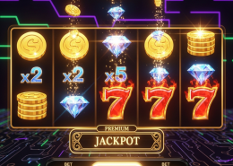Vibrant online slot machine interface showing spinning reels with winning symbols and multiplier effects on a premium online casino platform, subtly incorporating digital security and certification icons.