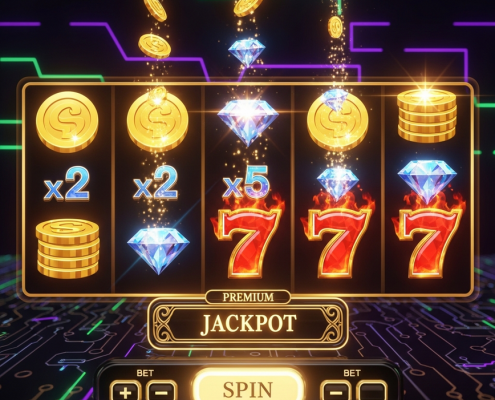 Vibrant online slot machine interface showing spinning reels with winning symbols and multiplier effects on a premium online casino platform, subtly incorporating digital security and certification icons.
