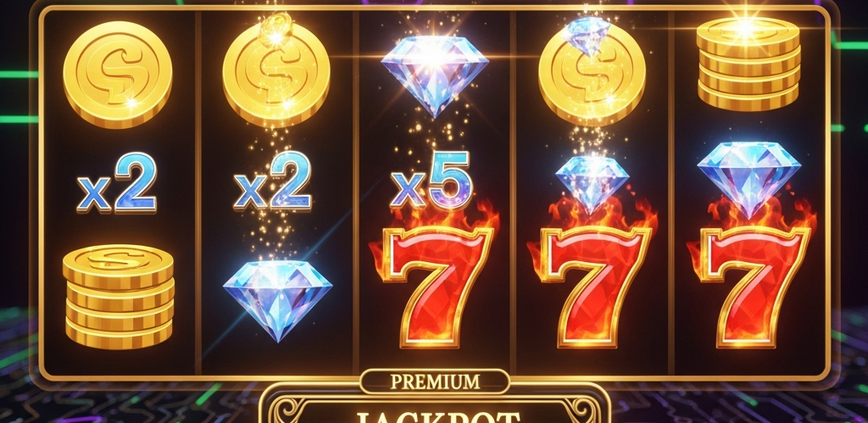 Vibrant online slot machine interface showing spinning reels with winning symbols and multiplier effects on a premium online casino platform, subtly incorporating digital security and certification icons.