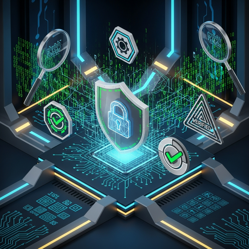 Menggambarkan kriteria pemilihan provider yang ketat dan perjalanan pensijilan 'Piawaian Trust Vault', menekankan keadilan, keselamatan, dan ujian bebas.