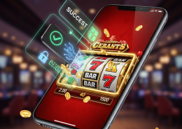 Vibrant mobile phone displaying an online slot machine game with spinning reels and winning symbols, subtly integrated with abstract e-wallet transaction success elements like a checkmark and padlock, representing quick and secure deposits.