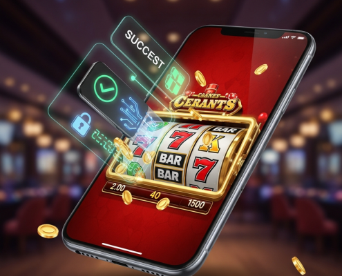 Vibrant mobile phone displaying an online slot machine game with spinning reels and winning symbols, subtly integrated with abstract e-wallet transaction success elements like a checkmark and padlock, representing quick and secure deposits.