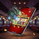 Vibrant mobile phone displaying an online slot machine game with spinning reels and winning symbols, subtly integrated with abstract e-wallet transaction success elements like a checkmark and padlock, representing quick and secure deposits.
