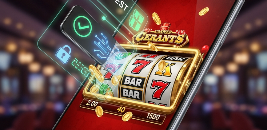 Vibrant mobile phone displaying an online slot machine game with spinning reels and winning symbols, subtly integrated with abstract e-wallet transaction success elements like a checkmark and padlock, representing quick and secure deposits.