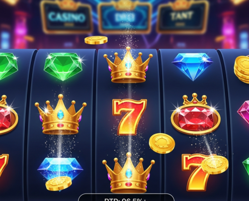 Vibrant online slot machine interface displaying a winning combination with high RTP percentage, set against a luxurious digital casino backdrop, symbolizing strategic and rewarding gameplay for Malaysian players.