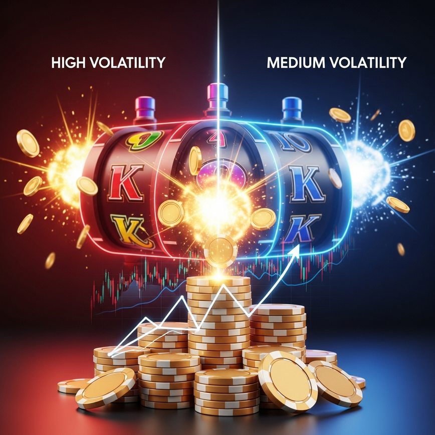 Menggambarkan konsep volatiliti tinggi berbanding sederhana dalam permainan slot dan kepentingan pengurusan bankroll yang berdisiplin untuk memaksimumkan pulangan.