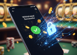 Mobile phone showing 'Withdrawal Successful' on an online casino app, with glowing network lines and a secure padlock icon, symbolizing fast DuitNow cash-outs in Malaysia.