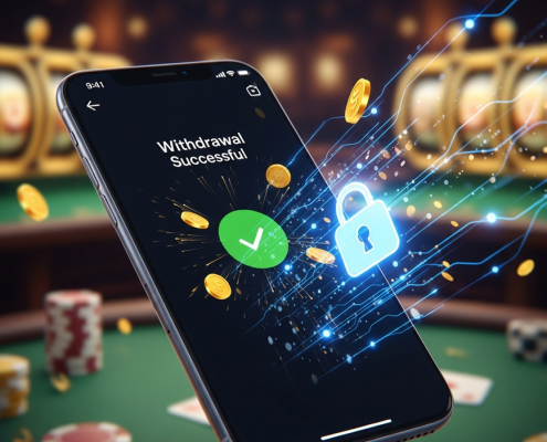 Mobile phone showing 'Withdrawal Successful' on an online casino app, with glowing network lines and a secure padlock icon, symbolizing fast DuitNow cash-outs in Malaysia.