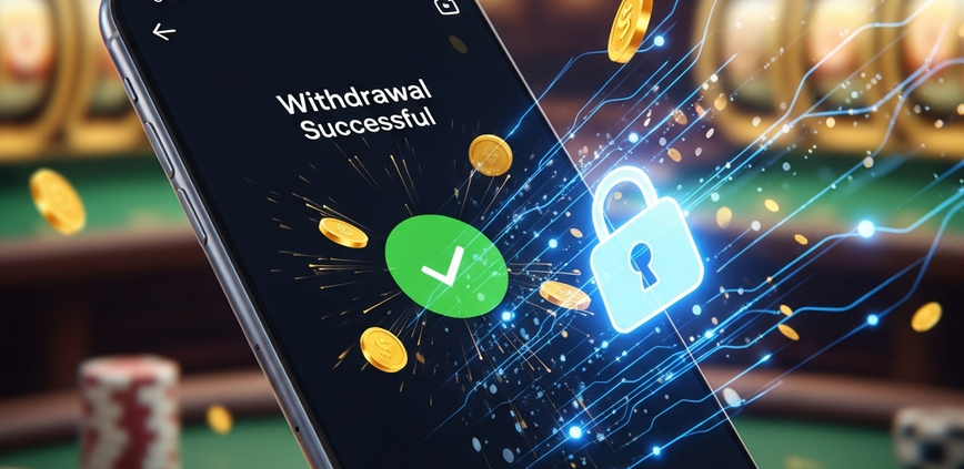 Mobile phone showing 'Withdrawal Successful' on an online casino app, with glowing network lines and a secure padlock icon, symbolizing fast DuitNow cash-outs in Malaysia.