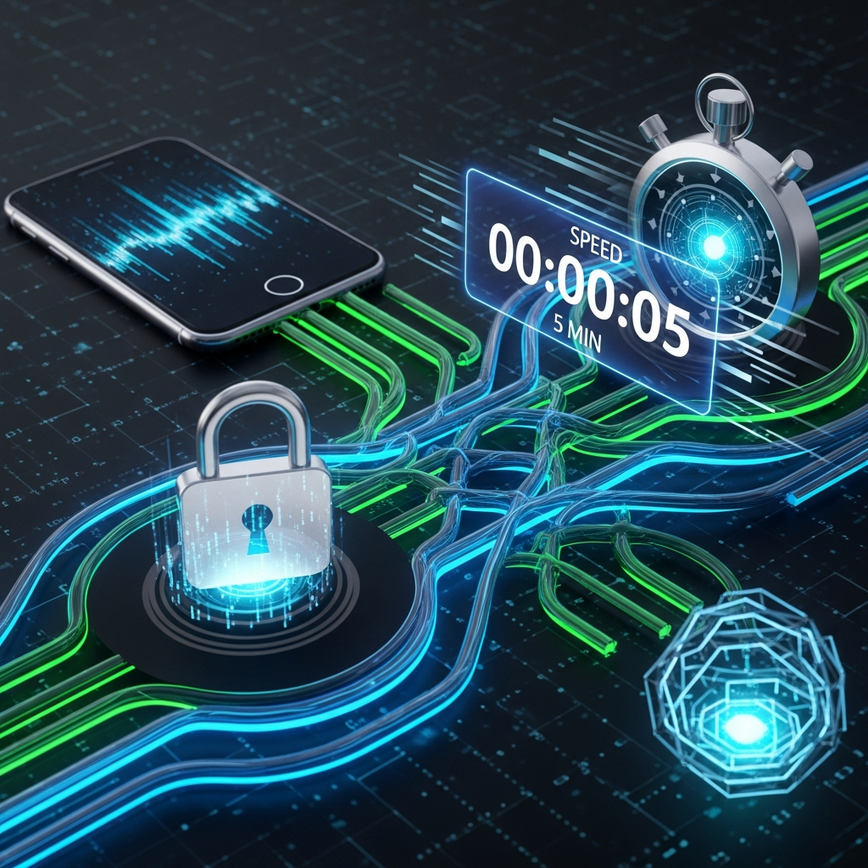 Visualizes the 5-minute DuitNow withdrawal guarantee, emphasizing speed and multi-layered security features.