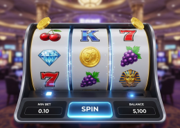 Vibrant online slot machine interface showing spinning reels, a low minimum bet indicator, and a balance display, set in a luxurious digital casino environment, representing budget-friendly slot gaming.