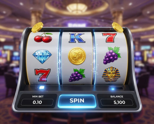 Vibrant online slot machine interface showing spinning reels, a low minimum bet indicator, and a balance display, set in a luxurious digital casino environment, representing budget-friendly slot gaming.
