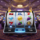 Vibrant online slot machine interface showing spinning reels, a low minimum bet indicator, and a balance display, set in a luxurious digital casino environment, representing budget-friendly slot gaming.