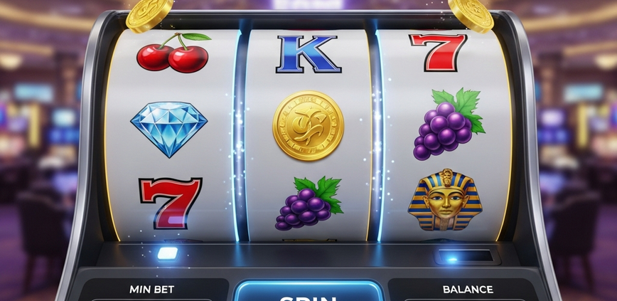 Vibrant online slot machine interface showing spinning reels, a low minimum bet indicator, and a balance display, set in a luxurious digital casino environment, representing budget-friendly slot gaming.