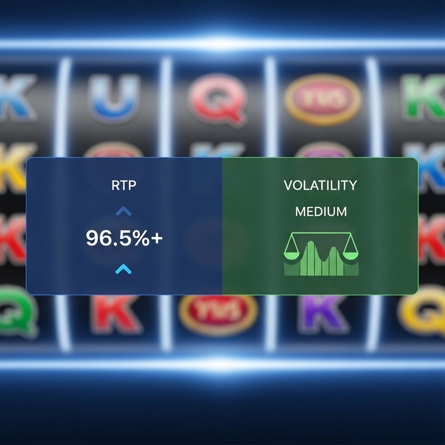 Menggambarkan konsep utama Return to Player (RTP) dan Volatility dalam antara muka permainan slot, menekankan kepentingannya untuk pemain bajet.