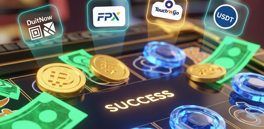 Vibrant online slot machine interface showing a 'Top-Up Success' message, surrounded by glowing digital currency symbols and subtle Malaysian payment method icons like DuitNow QR and Touch 'n Go, set in a premium digital casino environment.