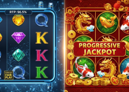 Split-screen image contrasting two online slot interfaces: one modern with a transparent RTP display and 'Certified Fair Play' badge, the other an Asian-themed slot with a prominent progressive jackpot, symbolizing the comparison between global and localized online casino game providers.