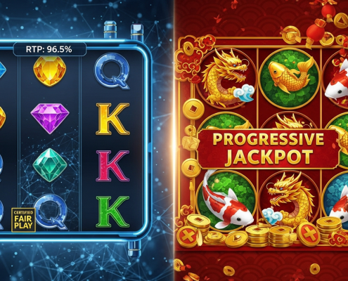 Split-screen image contrasting two online slot interfaces: one modern with a transparent RTP display and 'Certified Fair Play' badge, the other an Asian-themed slot with a prominent progressive jackpot, symbolizing the comparison between global and localized online casino game providers.