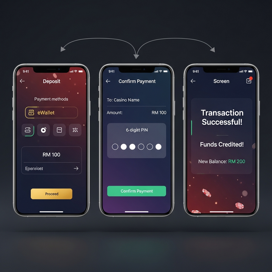 Menggambarkan proses langkah demi langkah membuat deposit TnG eWallet di platform kasino mudah alih, menunjukkan perjalanan pengguna dari memilih kaedah pembayaran hingga pengesahan transaksi.