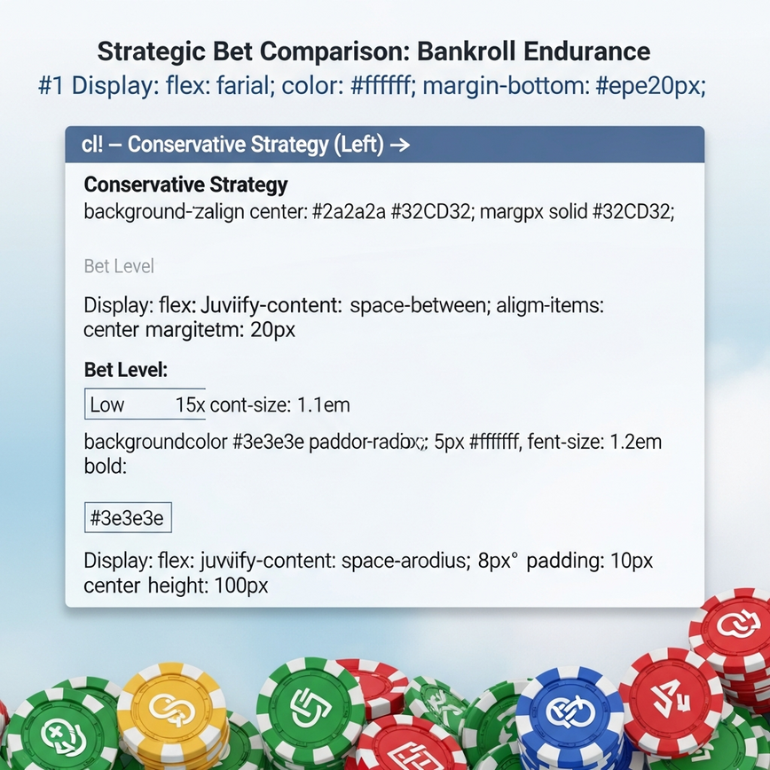 Menggambarkan perbezaan antara strategi saiz bet konservatif dan agresif pada antara muka game slot, menunjukkan kesannya terhadap potensi masa main.