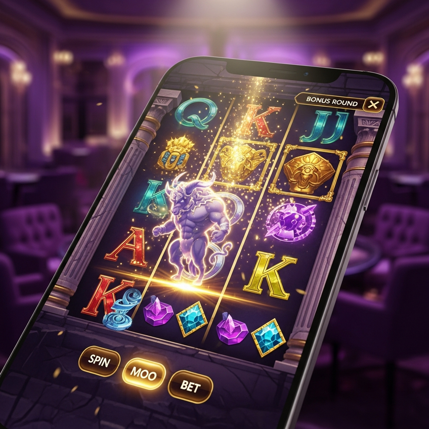 Menggambarkan reka bentuk game slot HTML5 PGSoft yang moden, sinematik, mengutamakan mudah alih dengan animasi 3D dan kesan dinamik.