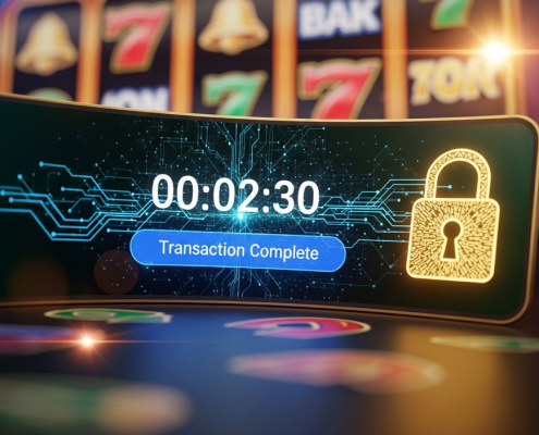Sleek online casino withdrawal interface showing a digital timer at 2 minutes 30 seconds, a 'Transaction Complete' notification, and a secure padlock icon, representing fast and guaranteed payouts.