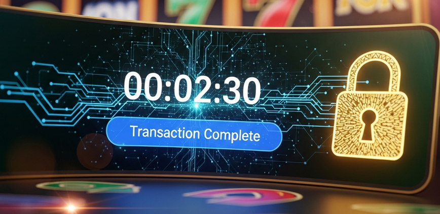 Sleek online casino withdrawal interface showing a digital timer at 2 minutes 30 seconds, a 'Transaction Complete' notification, and a secure padlock icon, representing fast and guaranteed payouts.