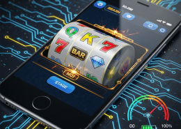 A modern smartphone displaying a high-performance browser slot game with spinning reels and glowing symbols, overlaid with subtle digital performance indicators, representing optimized mobile gaming in Malaysia.
