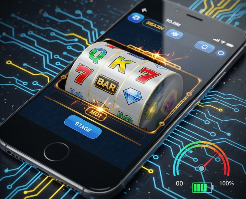 A modern smartphone displaying a high-performance browser slot game with spinning reels and glowing symbols, overlaid with subtle digital performance indicators, representing optimized mobile gaming in Malaysia.